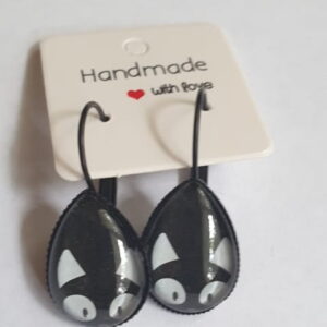 Kitty Cat Earrings Tear Drop Black