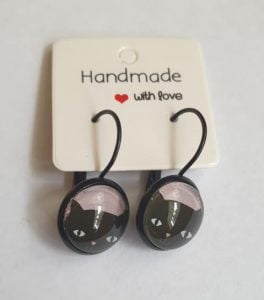 Kitty Cat Earrings - Pink Round Black Cat