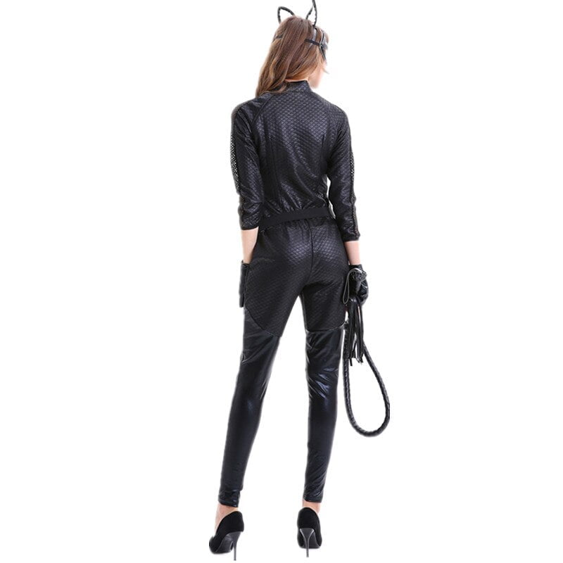 Adult Women Cat Women Cosplay Costumes Sexy Black Synthetic Leather Catsuit Jumpsuit With Whip Cosplay Halloween Fancy Dress Adult Women Cat Women Cosplay Costumes Sexy Black Synthetic Leather Catsuit Jumpsuit With Whip Cosplay Halloween Fancy Dress