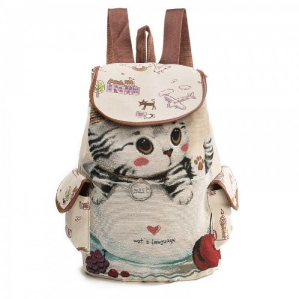 Women's Cute Canvas Backpack Women's Cute Canvas Backpack with Cat Themed Pattern