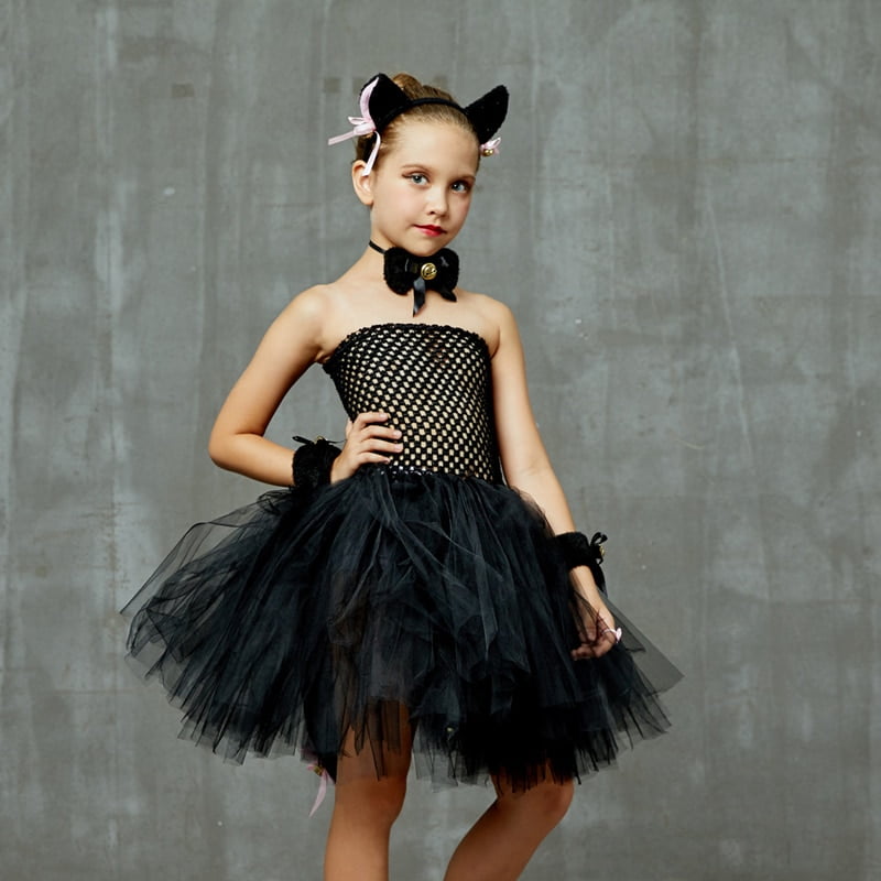 Kids Witches Black Cat Fancy Tutu Dress Girls Halloween Cosplay Costume Baby Girl Pet Birthday Party Animal Dress Up Outfit