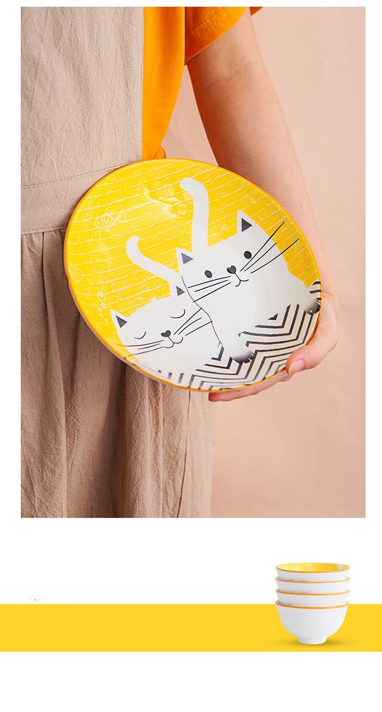 Cute Cat Ceramic Dinner Plates Japanese Style Hand-painted Dishes Children Tableware Noodle Soup Rice Bowl Dessert Serving Tray