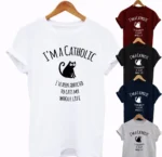 Women's I am a Catholic Cat Printed Cotton T-Shirt