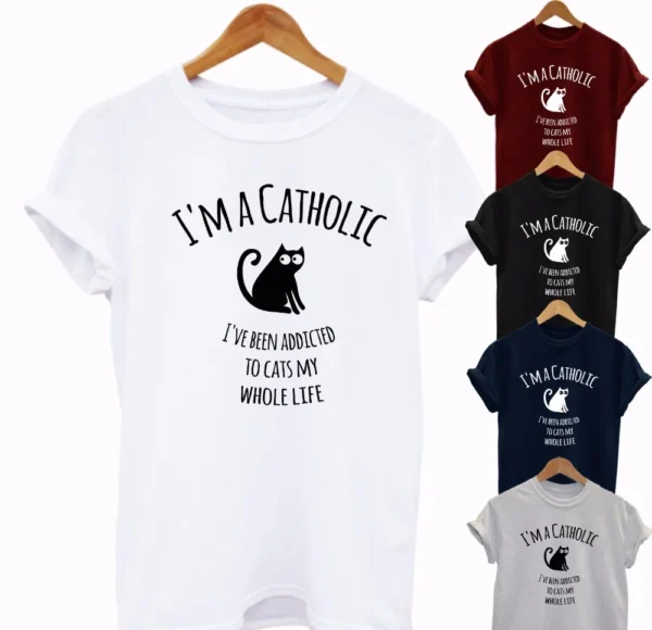 Women's I am a Catholic Cat Printed Cotton T-Shirt