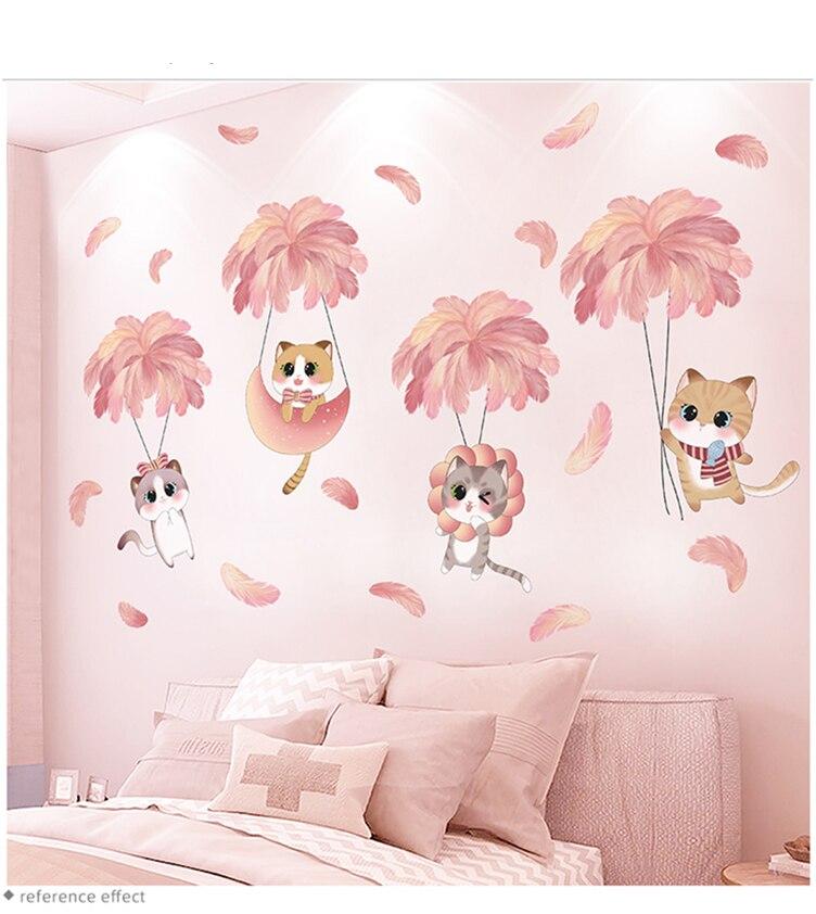 [shijuekongjian] Cats Animals Wall Stickers DIY Cartoon Feathers Wall Decals for Kids Room Baby Bedroom Nursery House Decoration