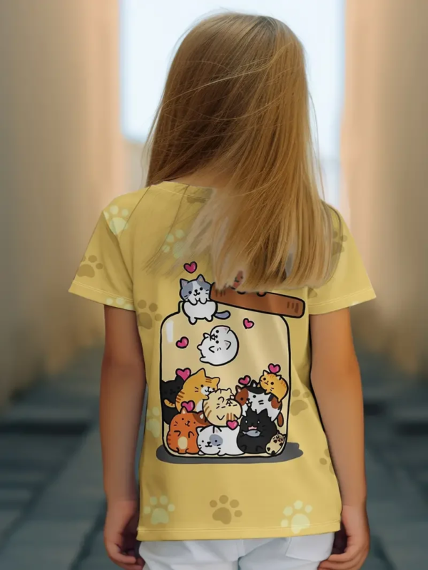 Girls Cute Cartoon Cat T-Shirt – Kawaii Summer Top