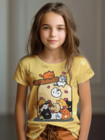 Girls Cute Cartoon Cat T-Shirt – Kawaii Summer Top