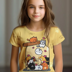 Girls Cute Cartoon Cat T-Shirt – Kawaii Summer Top