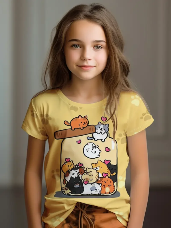 Girls Cute Cartoon Cat T-Shirt – Kawaii Summer Top