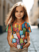 Girls Cute Cartoon Cat T-Shirt – Kawaii Summer Top