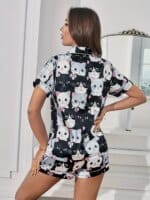 Cute Cat Print Satin Pajama Set