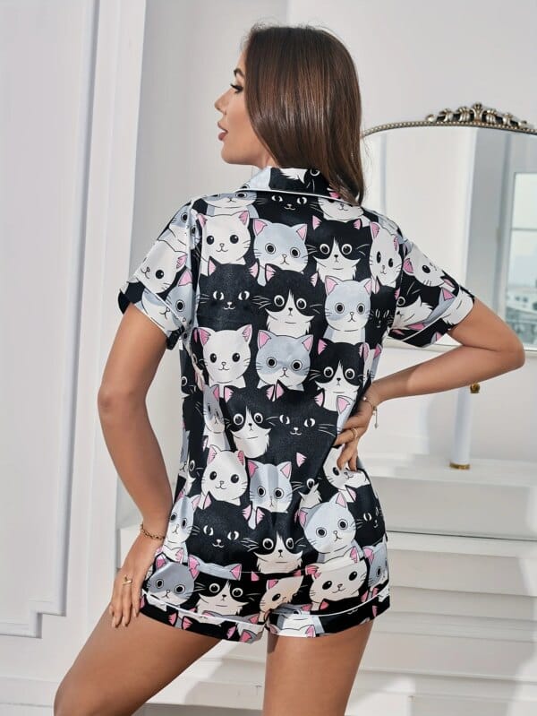 Cute Cat Print Satin Pajama Set