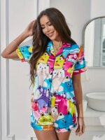 Colorful Cat Print Satin Pajama Set
