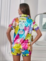 Colorful Cat Print Satin Pajama Set