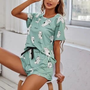 Cute Cat Print Womens Pajama Set